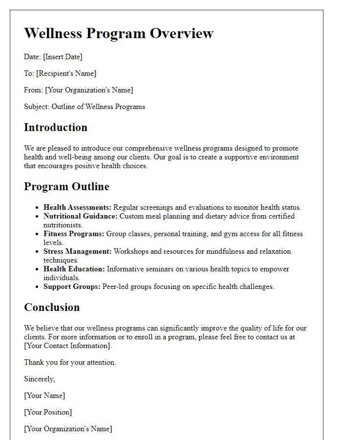 Letter template of healthcare services outline for wellness programs