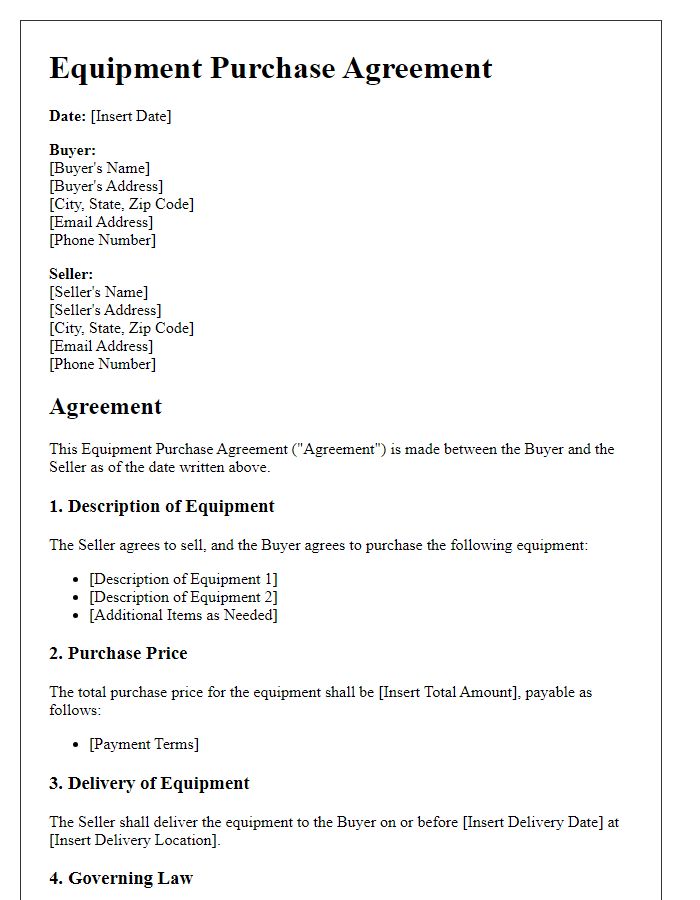 Letter template of equipment purchase agreement for business use