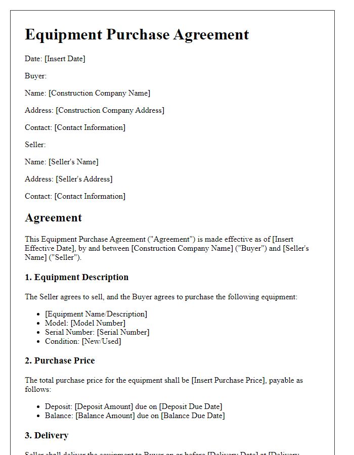 Letter template of equipment purchase agreement for construction company