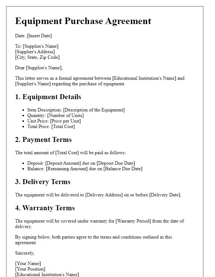 Letter template of equipment purchase agreement for educational institution