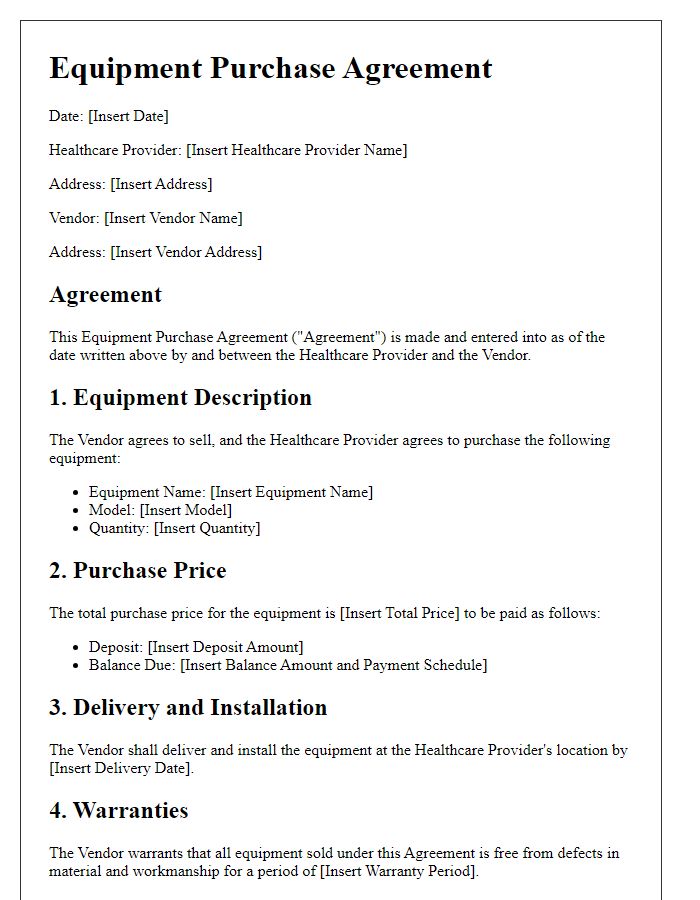 Letter template of equipment purchase agreement for healthcare provider