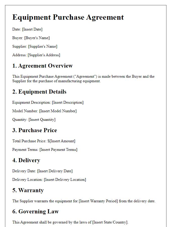 Letter template of equipment purchase agreement for manufacturing sector