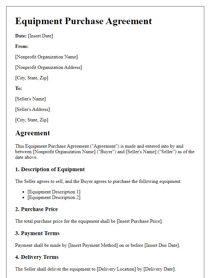 Letter template of equipment purchase agreement for nonprofit organization