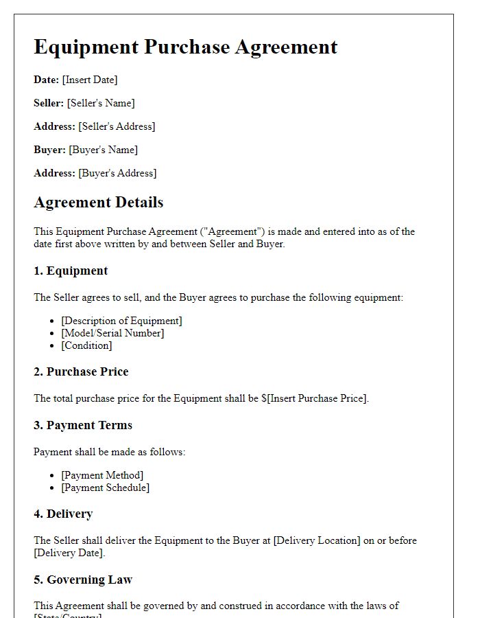 Letter template of equipment purchase agreement for rental services