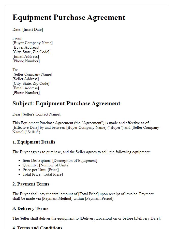 Letter template of equipment purchase agreement for technology firm