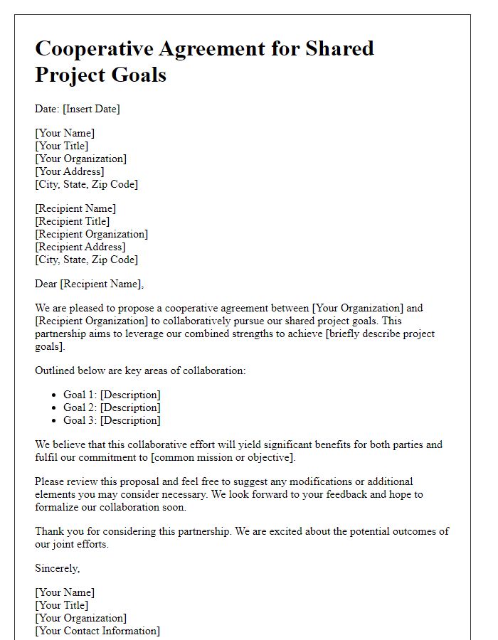 Letter template of cooperative agreement for shared project goals