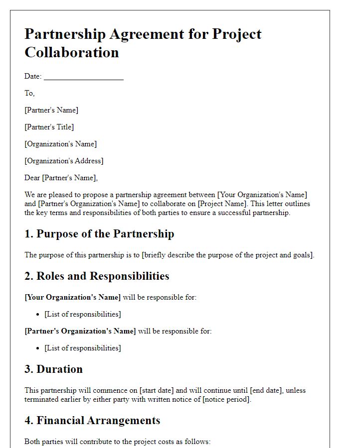 Letter template of partnership agreement for project collaboration