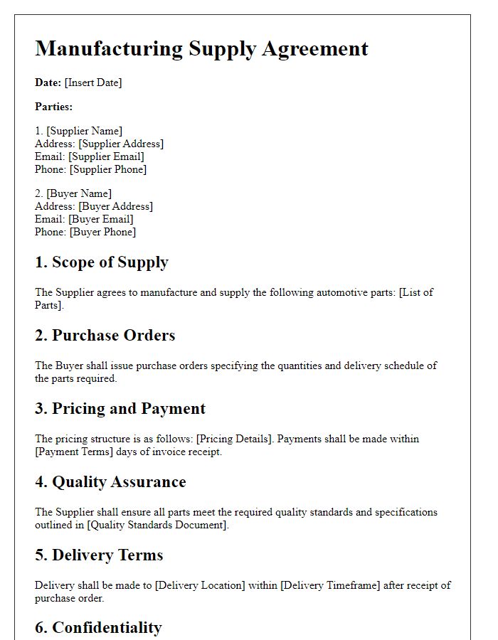 Letter template of Manufacturing Supply Agreement for Automotive Parts