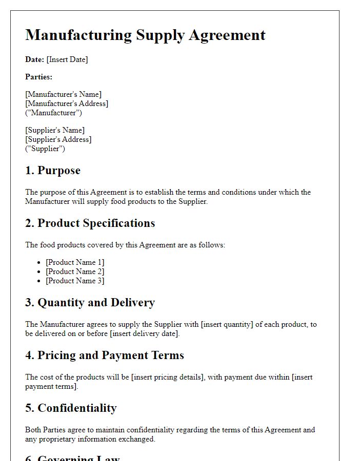 Letter template of Manufacturing Supply Agreement for Food Products