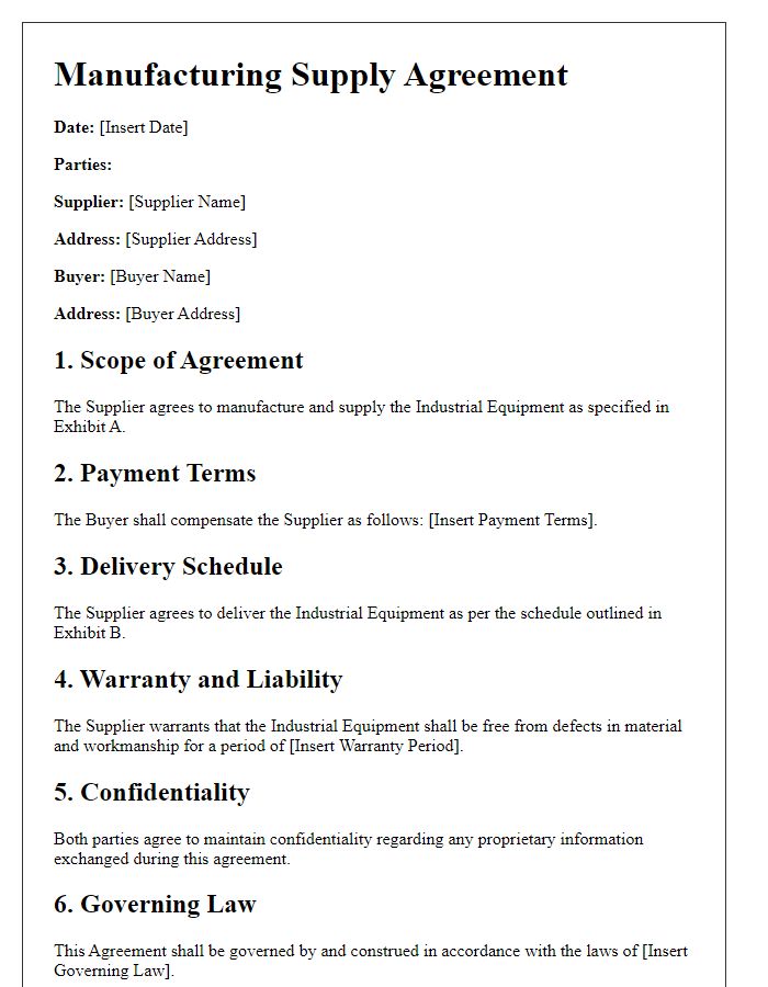 Letter template of Manufacturing Supply Agreement for Industrial Equipment