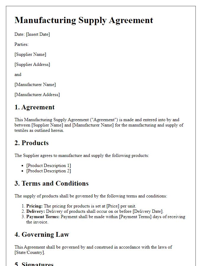 Letter template of Manufacturing Supply Agreement for Textiles