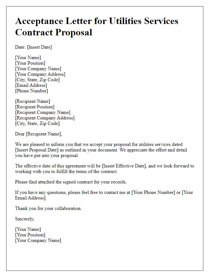 Letter template of acceptance for utilities services contract proposal