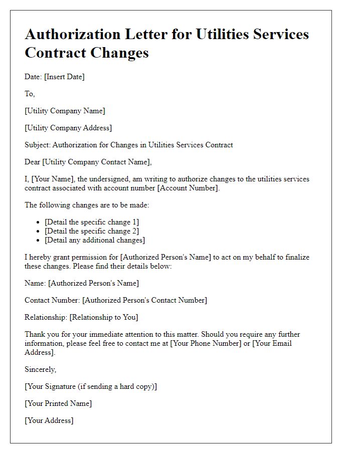 Letter template of authorization for utilities services contract changes