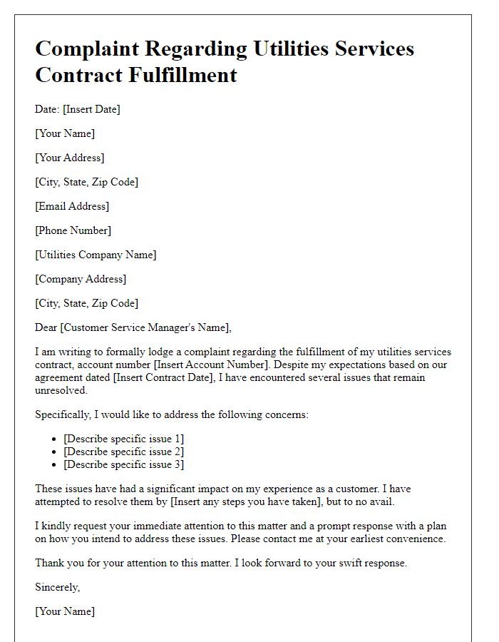 Letter template of complaint regarding utilities services contract fulfillment