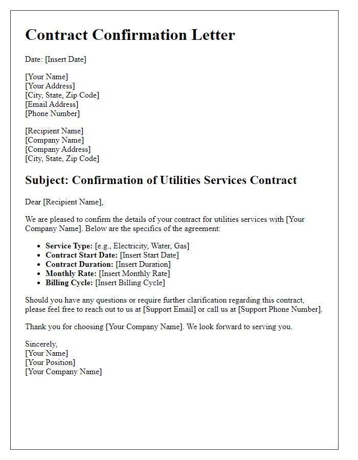 Letter template of confirmation for utilities services contract details