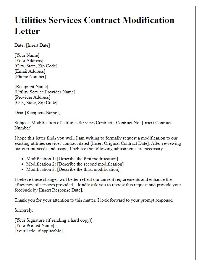 Letter template of modification for utilities services contract