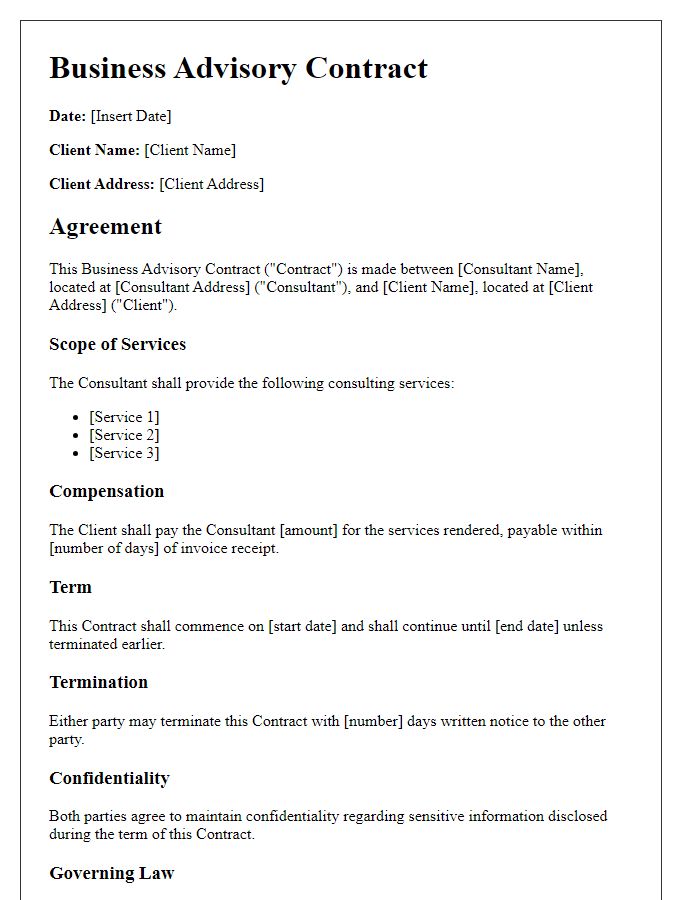 Letter template of Business Advisory Contract for Consulting Services