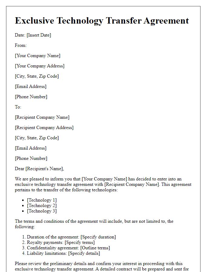 Letter template of exclusive technology transfer agreement.