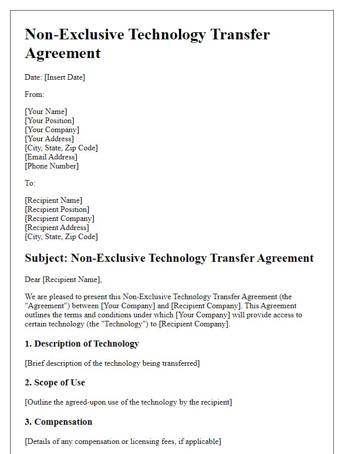 Letter template of non-exclusive technology transfer agreement.