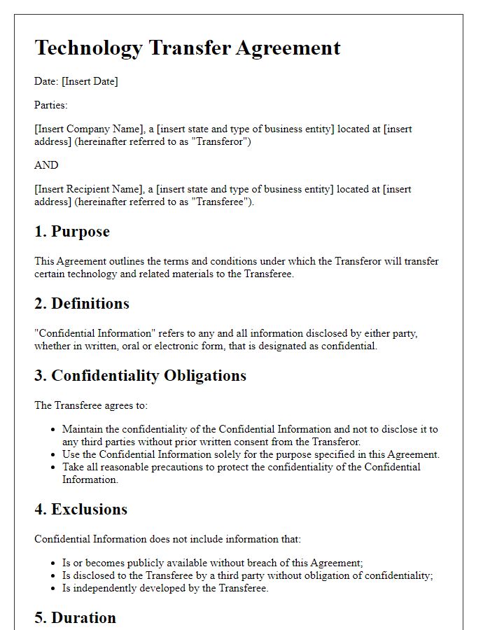 Letter template of technology transfer agreement with confidentiality clauses.