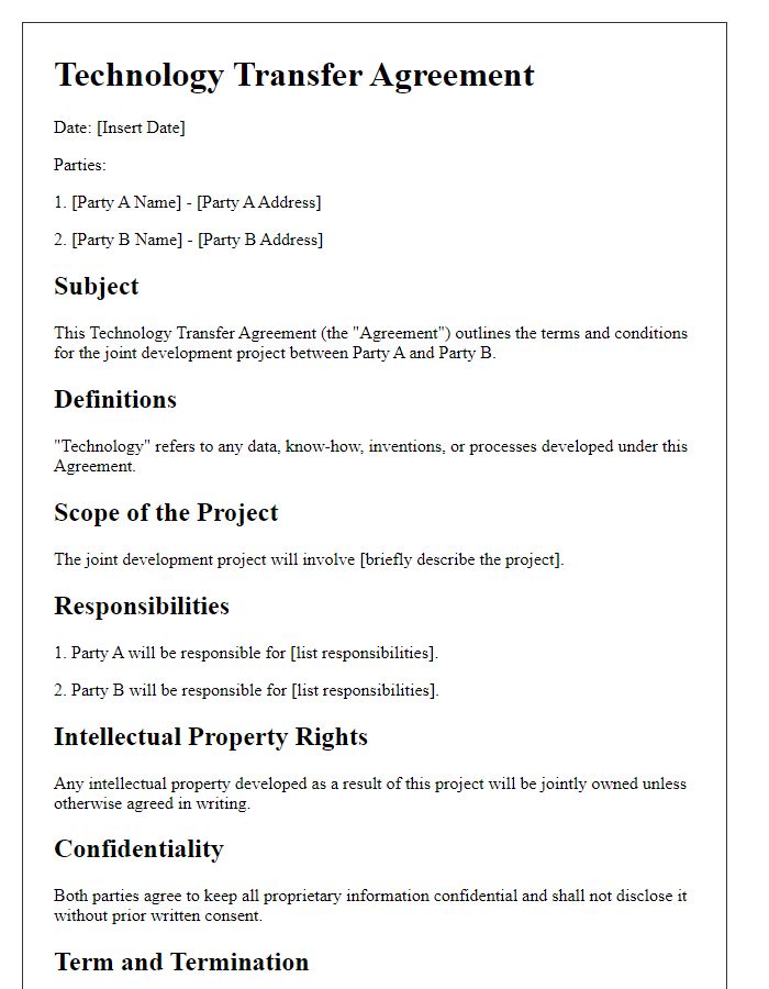 Letter template of technology transfer agreement for joint development projects.