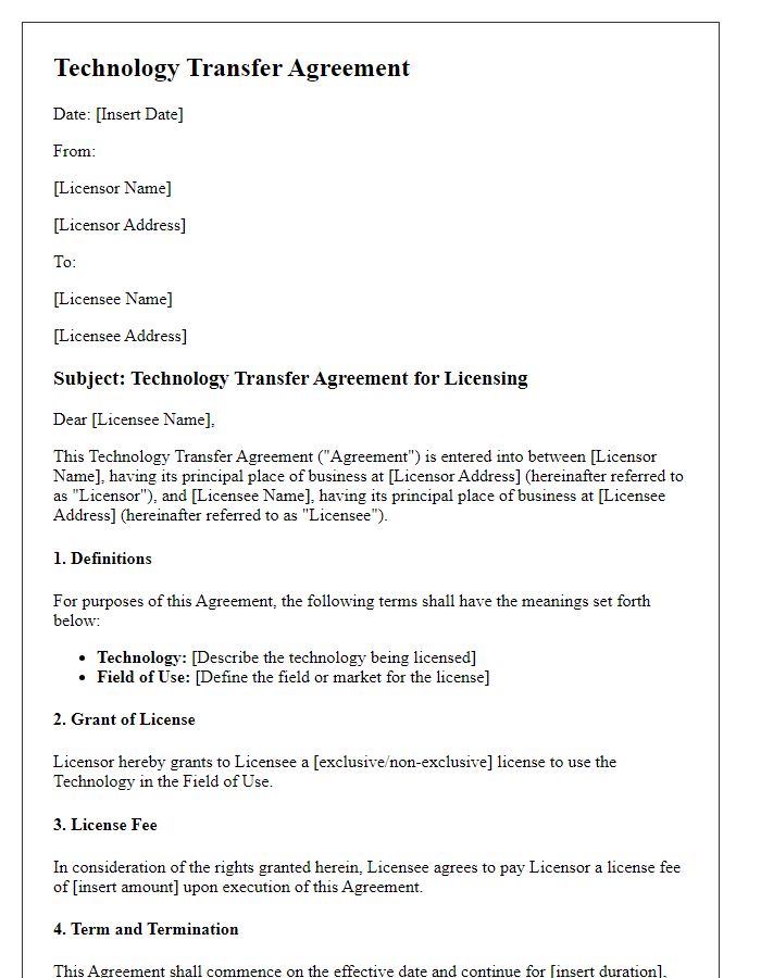 Letter template of technology transfer agreement for licensing.