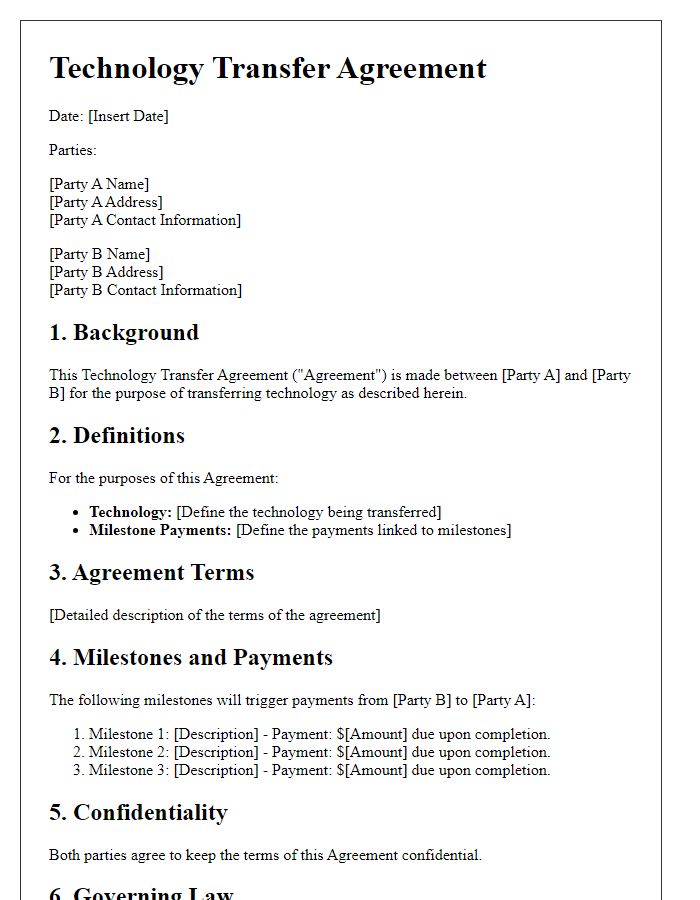 Letter template of technology transfer agreement with milestone payments.