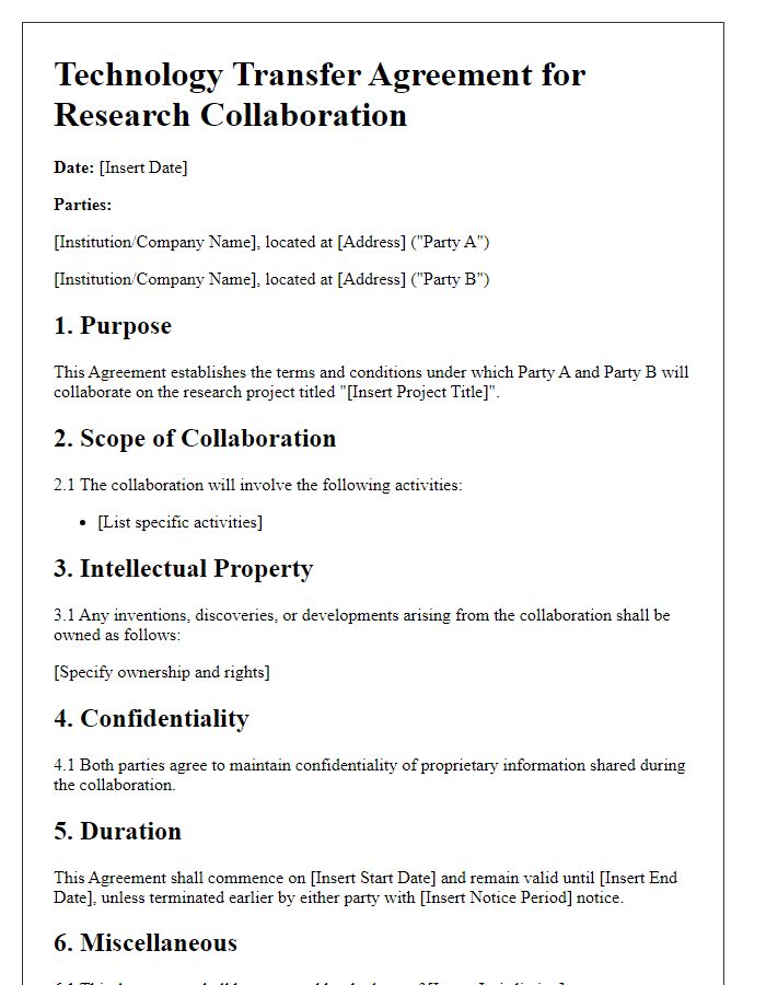 Letter template of technology transfer agreement for research collaboration.