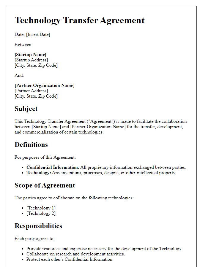 Letter template of technology transfer agreement for startup collaboration.