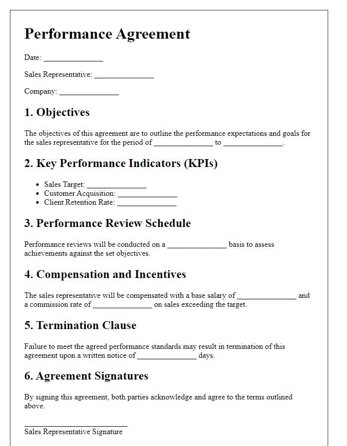 Letter template of performance agreement for sales representatives