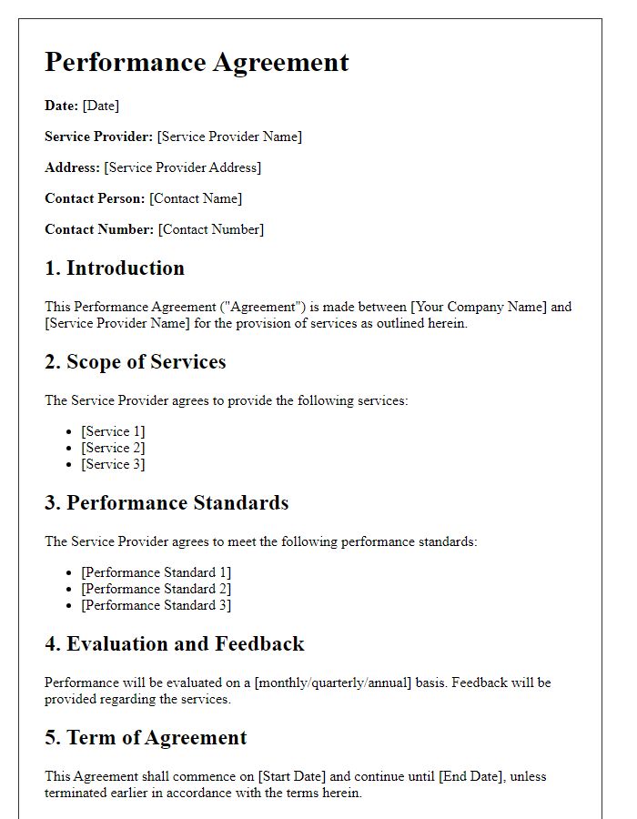 Letter template of performance agreement for service providers