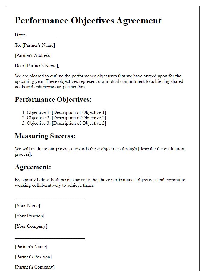 Letter template of performance objectives agreement for partners