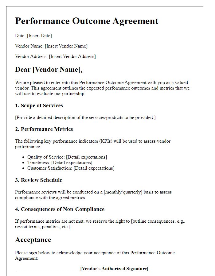 Letter template of performance outcome agreement for vendors