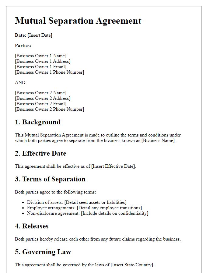 Letter template of mutual separation agreement for business owners.