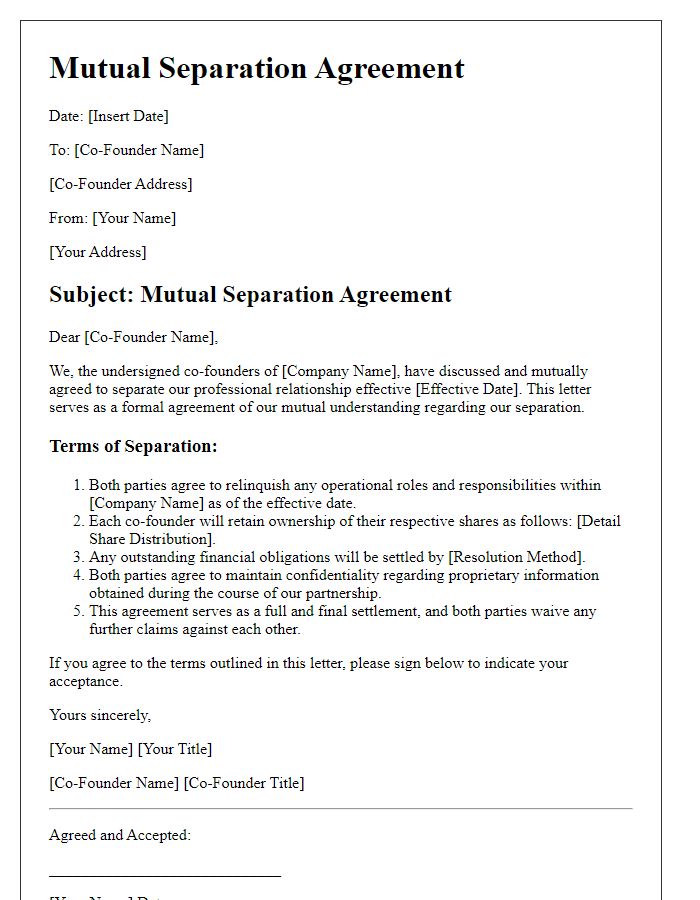 Letter template of mutual separation agreement for co-founders.