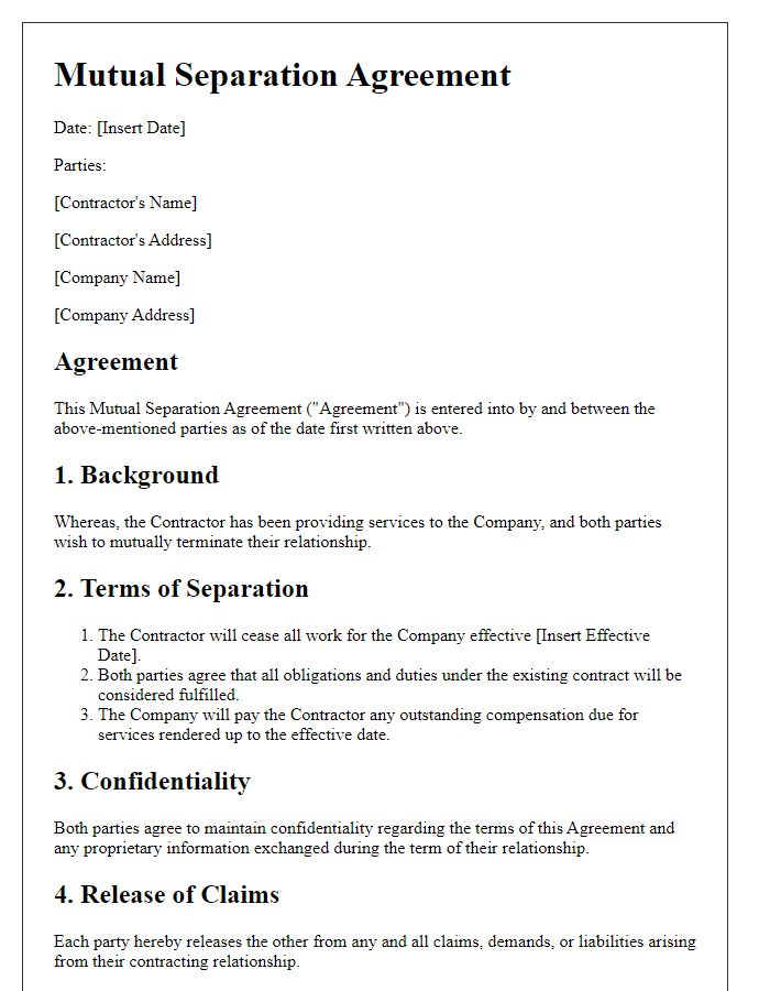 Letter template of mutual separation agreement for contractors.