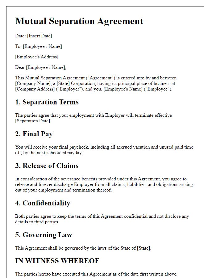 Letter template of mutual separation agreement for employees.