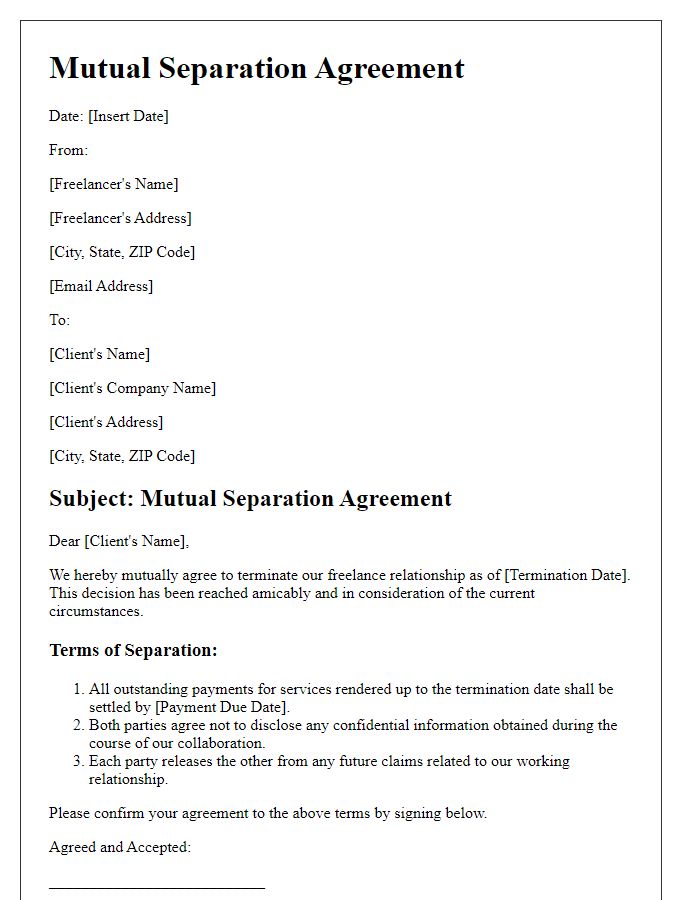 Letter template of mutual separation agreement for freelancers.