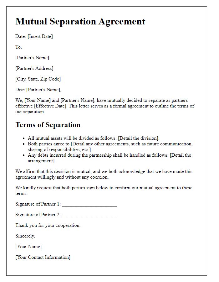 Letter template of mutual separation agreement for partners.