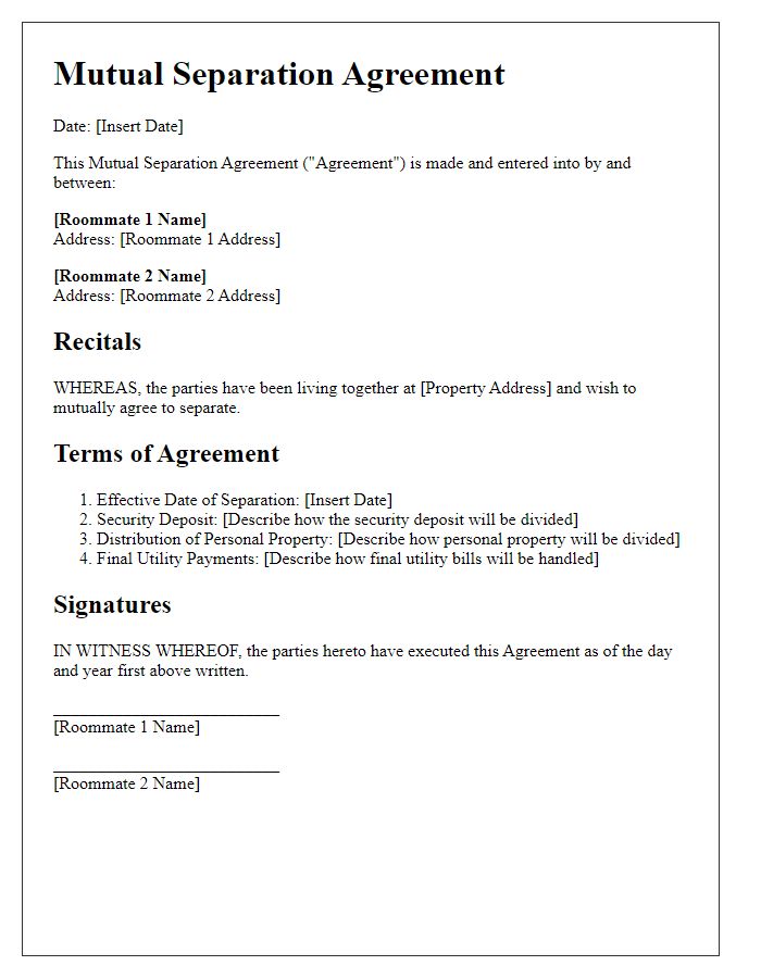 Letter template of mutual separation agreement for roommates.