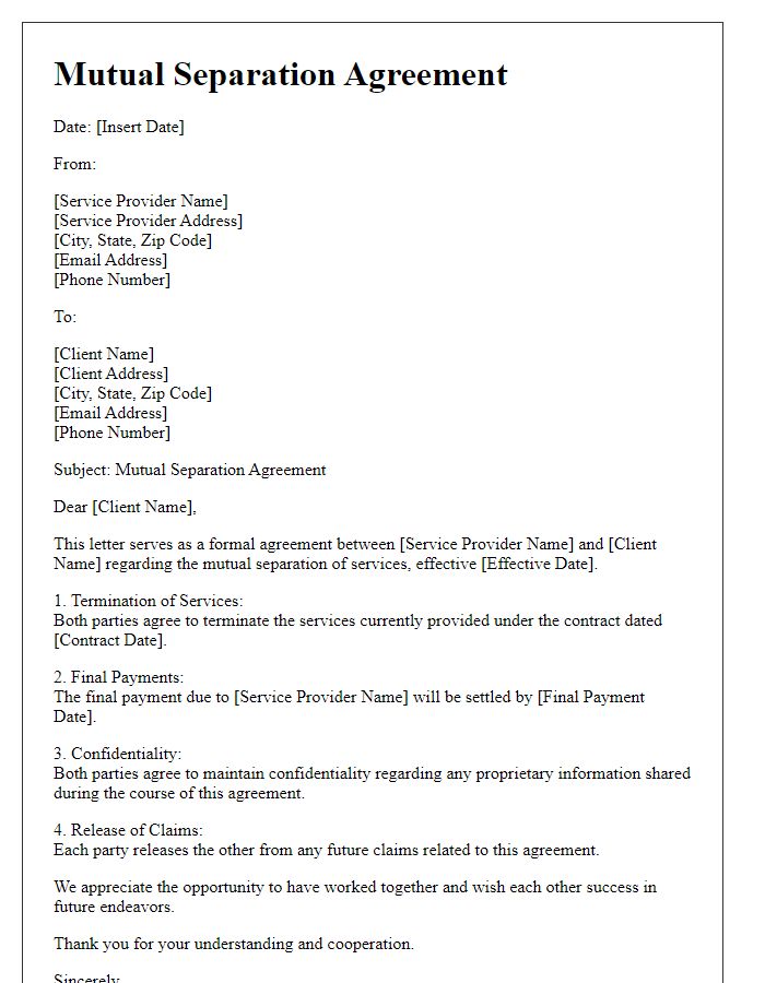 Letter template of mutual separation agreement for service providers.