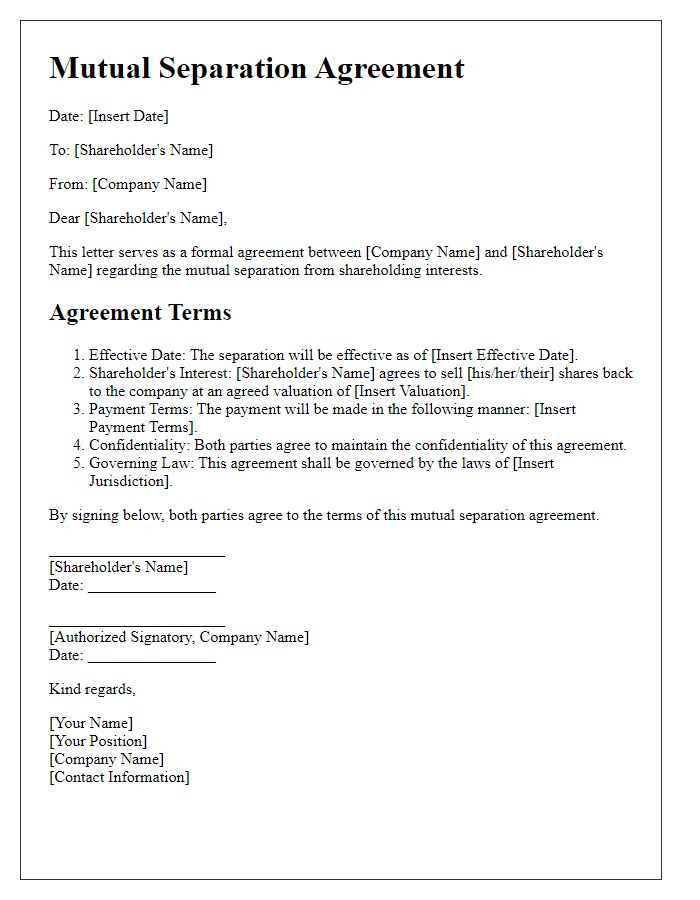 Letter template of mutual separation agreement for shareholders.