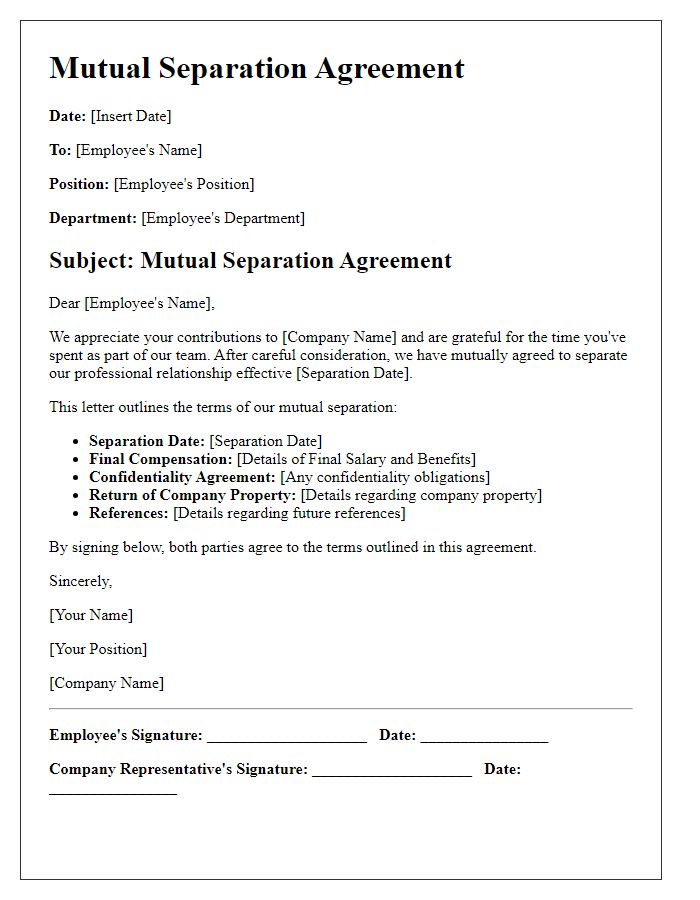 Letter template of mutual separation agreement for team members.