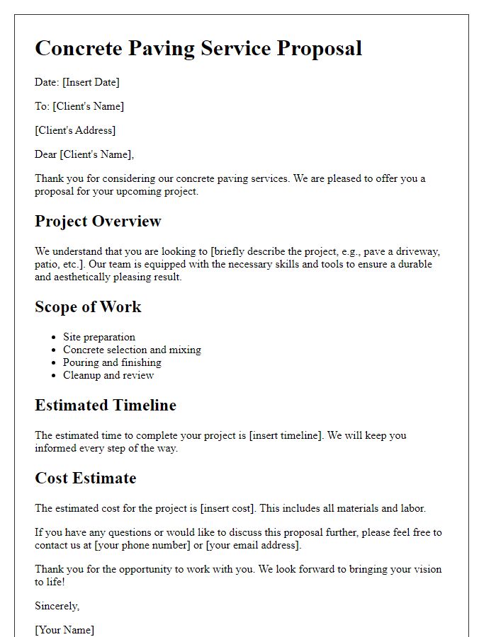 Letter template of concrete paving service.