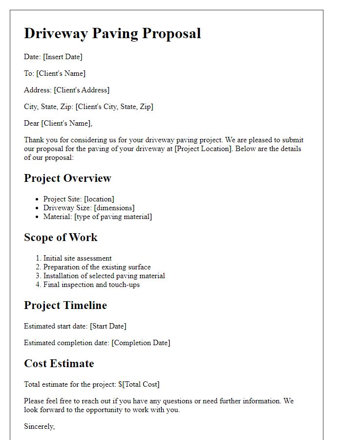 Letter template of driveway paving proposal.