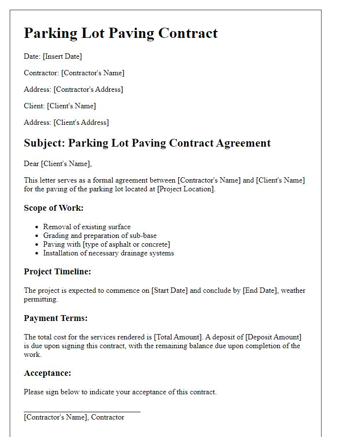 Letter template of parking lot paving contract.