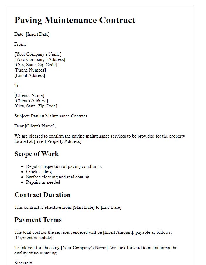 Letter template of paving maintenance contract.