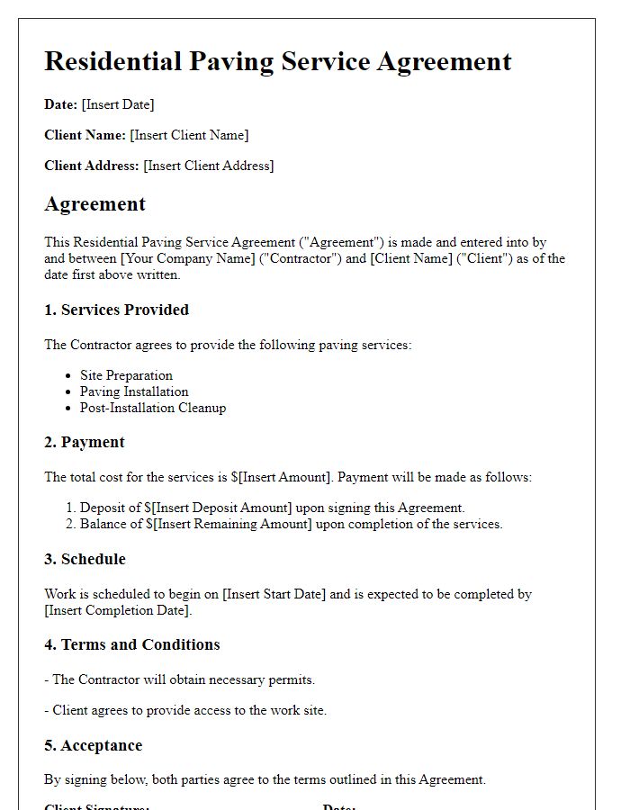 Letter template of residential paving service agreement.