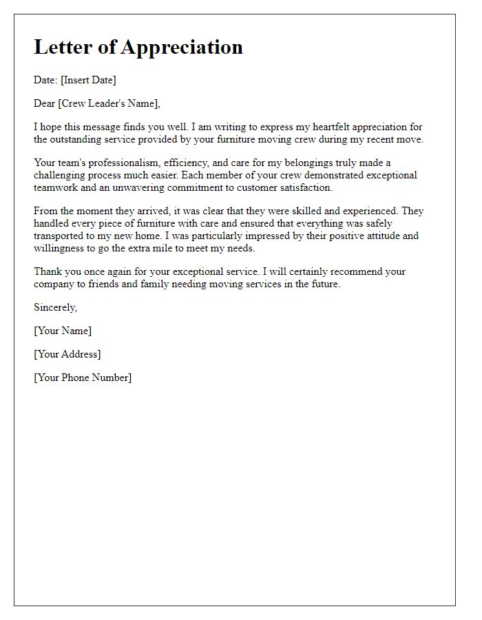 Letter template of appreciation for furniture moving crew service