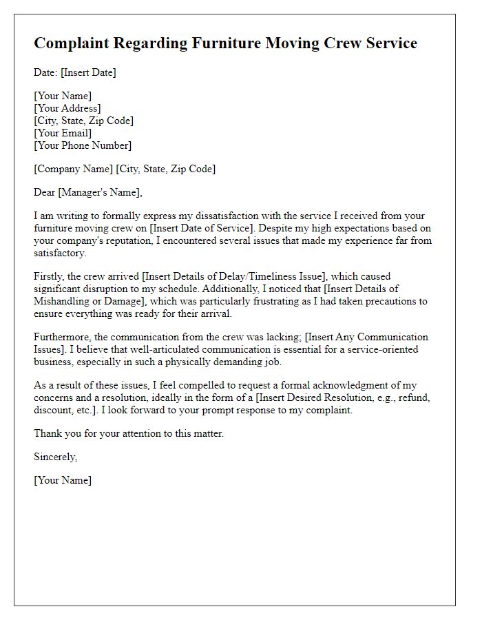 Letter template of complaint regarding furniture moving crew service